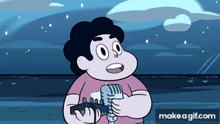 a cartoon of steven universe holding a microphone and a guitar