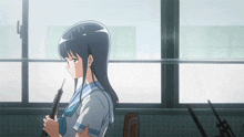 a girl in a school uniform is holding a flute and looking out a window