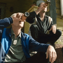 a man drinking from a bottle with an arrow pointing to prime