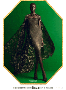 a poster for wicked shows a woman wearing a gold dress