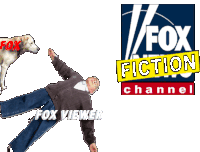 a man is laying on the ground next to a fox news channel logo