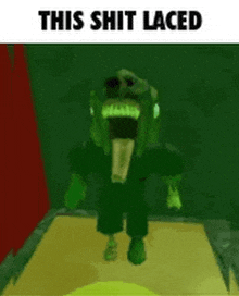 a green monster is standing in a dark room with its tongue out .