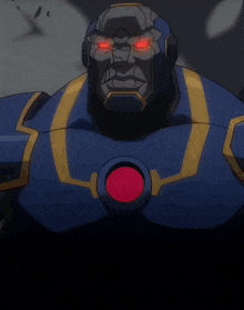 a cartoon character with glowing red eyes and a red button on his chest