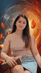 a woman in a pink tank top and blue skirt is holding a brown purse