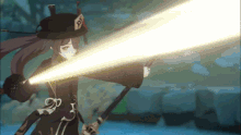 a girl in a black hat is holding a lightning bolt