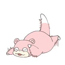 a cartoon drawing of a pink teddy bear laying on its back .