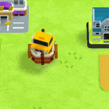 a video game scene with a yellow truck and a purple building