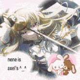 a picture of a girl holding a sword with the words " nene is axel 's " below her