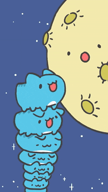 a cartoon drawing of a stack of blue worms reaching out towards a yellow planet