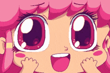 a pixel art of a girl with big pink eyes