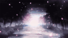 a dark forest with trees and petals falling from the sky