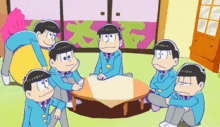 a group of cartoon characters are sitting around a round table