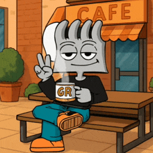 a cartoon character sitting outside of a cafe