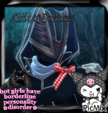 a picture of a child of darkness with a black cat behind it