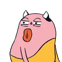 a cartoon drawing of a pink cat with horns and a flame in its mouth