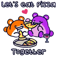 a cartoon of two bears eating pizza and drinking wine