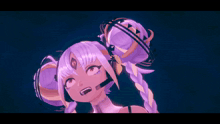 a video game character with purple hair and braids has a headset on