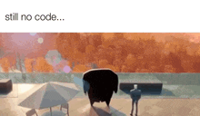 a cartoon of a man standing on a balcony with umbrellas and the words still no code