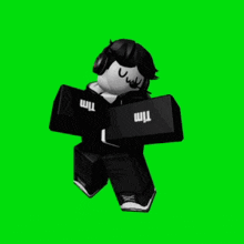 a black and white roblox character wearing headphones and a black hoodie .