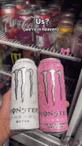a person is holding two cans of monster energy drinks in front of a fridge