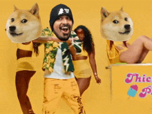 a man with a doge head on his head is dancing with two women