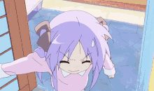 a girl with purple hair is standing in a doorway with her eyes closed