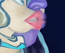 a close up of a woman 's face with purple and pink lipstick