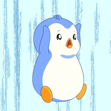 a blue and white penguin with a yellow beak is sitting on a blue background