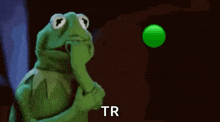 kermit the frog is holding his hand to his mouth and looking at a green button .