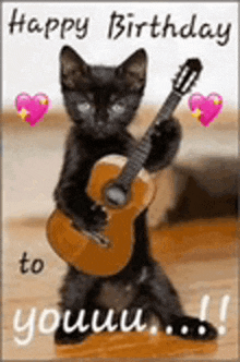 a black cat is holding a guitar in its paws on a happy birthday card .