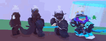 a group of roblox characters are standing next to each other holding swords