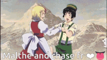 a couple of anime characters dancing with the words malthe and chase fr on the bottom