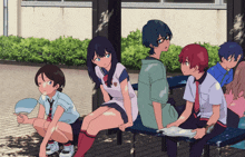 a group of anime characters sitting on a bench with one girl holding a fan