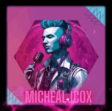 a man wearing headphones is holding a microphone and the name michealjcox is on the bottom right