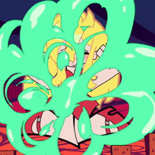 a cartoon drawing of a girl with a green bubble coming out of her mouth