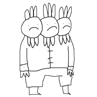 a black and white drawing of three rabbits with sad faces on their faces .