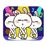 a group of rabbits are dancing together in front of a colorful background with music notes .