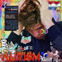 a picture of a man with his hands on his head with the word autism on the bottom