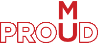 a logo that says m proud in red letters on a white background