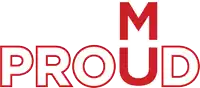 a logo that says m proud in red letters on a white background