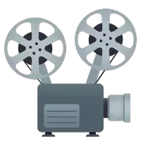 a cartoon drawing of a movie projector with two spools of film