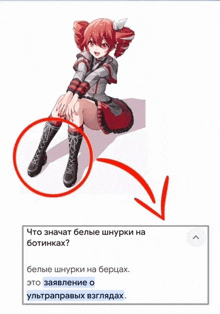 a picture of a girl with a red hair and a red arrow pointing to her legs