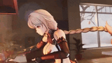a female anime character is standing in front of a window .