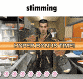 a video game screen shows a man in a kitchen with the words hyper bonus time on it