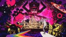 a painting of a man riding a surfboard in front of a giant robot head