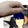 a hand is holding a cartoon character 's head in a pixel art style .