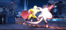 a yellow superhero is fighting a white superhero with a red cape
