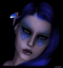 a close up of a woman 's face with blue hair and a butterfly on her ear