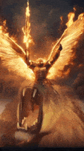 a man with flaming wings is holding a torch over a bear 's mouth