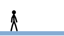 a stick figure is walking across a blue surface .